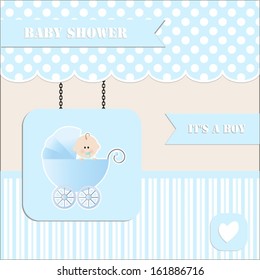 baby shower invitation, for baby boy  polka dot and stripe background with  stroller.Vector eps10,illustration.Raster also available. 