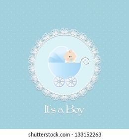 Baby Shower Invitation, with baby boy in stroller and lace frame.Vector eps10,illustration.