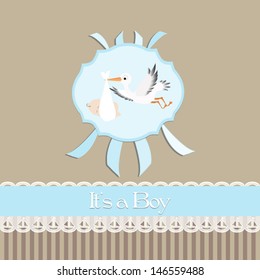 baby shower invitation baby boy,beige background, with stork.Vector eps10, illustration