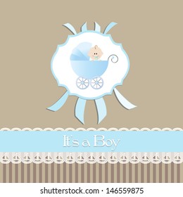 baby shower invitation baby boy,beige background, with stroller.Vector eps10, illustration