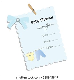 baby shower invitation for boy.Blue note with clothing.Vector eps10,illustration.