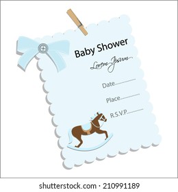 baby shower invitation for boy.Blue note with rocking horse.Vector eps10,illustration.