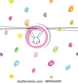 Baby shower invitation with bunny.  Hand drawn colorful dots. Design element. 