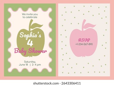 Baby shower invitation card with apple shape background and whimsical frame. Vector printable template design for newborn, baby.