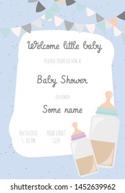 Baby shower invitation card babies boy or girl. Baby frame with boy/girl and stickers on light background. It's a boy or girl.