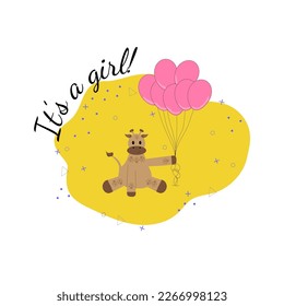 Baby shower invitation card, baby shower background, little giraffe holding pink balloons