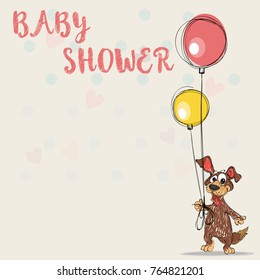 Baby shower invitation card. Birthday card with balloon, happy cartoon dog, vector illustration