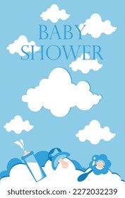 Baby shower invitation card, blue sky clouds, text, baby bottle, pacifier and rattle.