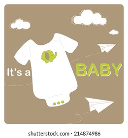 baby shower invitation card, baby bodysuit and origami paper airplanes on light background