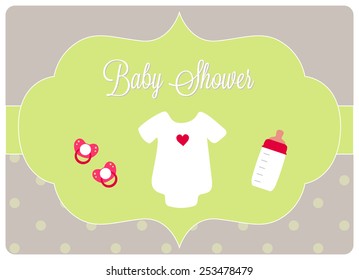 baby shower invitation card, baby bodysuit on light background with pacifiers and baby bottle