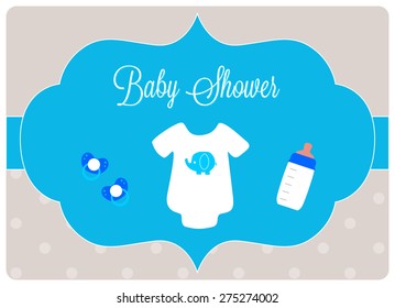 baby shower invitation card, baby bodysuit on light blue background with pacifiers and baby bottle