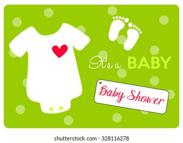 baby shower invitation card, baby bodysuit and rocking horse on green polka dots background