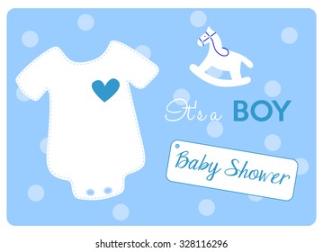 baby shower invitation card, baby bodysuit and rocking horse on blue polka dots background
