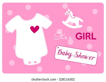 baby shower invitation card, baby bodysuit and rocking horse on pink polka dots background