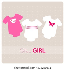 baby shower invitation card, baby bodysuits for a little girl on light background