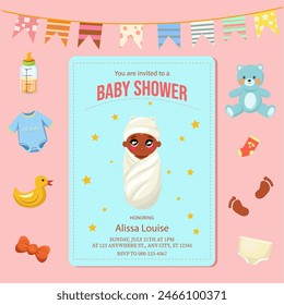 Baby shower Invitation card for baby born celebration. Cartoon card template with baby toys. Vector illustration