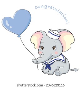 Baby Shower Invitation Card For Baby Boy, Baby Sailor Elephant With Heart Shape Blue Color Balloon