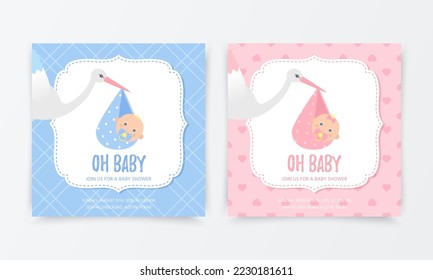 Baby Shower invitation card. Baby boy and girl banners. Cute birth party background. Welcome invite templates. Holiday posters with stork and newborn kid. Vector illustration.