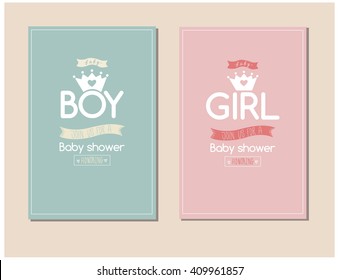 Baby shower invitation card. Boys and girls cards. Design with crown, ribbons  and frame for text. Cute design. Trendy typography. Hipsters baby. 