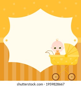Baby shower invitation card, childbirth greeting design with cute newborn character in stroller on yellow background	

