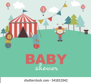 Baby shower invitation card with circus. Vector illustration