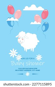 Baby shower invitation card, colored balloons, white sheep and daisies.
