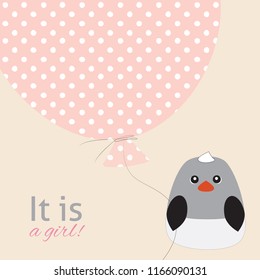 Baby shower invitation card. Cute little bird and balloon in polka dots. Vector illustration
