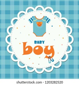 Baby Shower Invitation Card. Cute Cartoon Style. Decorative Design for the Newborn Boy. Vector Illustration.