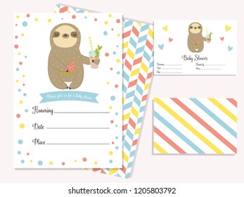 Baby shower invitation card with cute sloth. Template birthday card