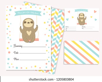 Baby shower invitation card with cute swinging sloth. Template birthday card