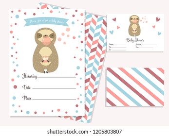 Baby shower invitation card with cute sloth. Template birthday card