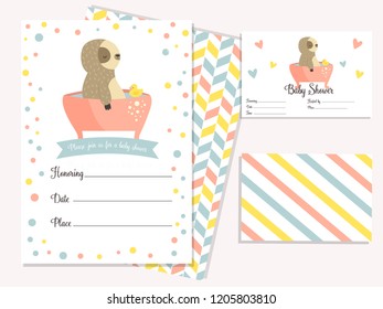 Baby shower invitation card with cute sloth in bath. Template birthday card