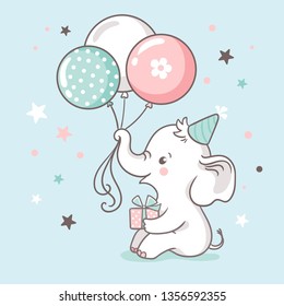 Baby shower invitation card. Cute white baby elephant holds a trunk of balloons.