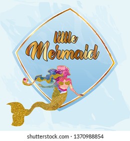 Baby shower invitation card with cute little mermaid and marine life