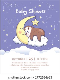 Baby Shower invitation card with cute baby sloth on the moon