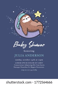 Baby Shower invitation card with cute baby sloth on the moon	