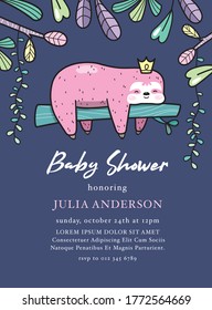 Baby Shower invitation card with cute baby sloth on the tree