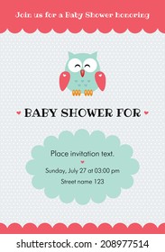 Baby Shower Invitation Card With Cute Owl. Some Blank Space For Your Text Included.