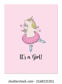 Tarjeta de invitación a la ducha para bebés con unicornio lindo. Es una bailarina de ballet unicornio adorable pony con falda de tutu y zapatos de ballet. Formato vertical de la plantilla de diseño de invitación para grupos de niños.