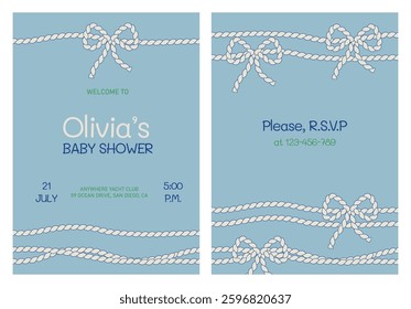 Baby shower invitation card with cute rope's bows ready for printing. Vector template in marine theme
