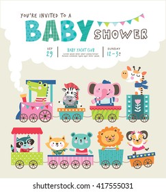 Baby shower invitation card with cute animals on train