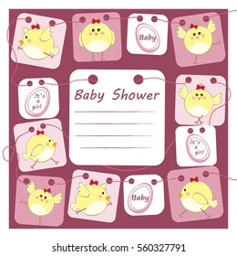 Baby shower invitation card with cute chickens - vector illustration