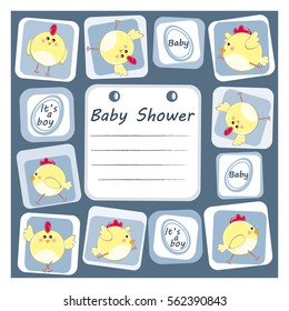 Baby shower invitation card with cute chickens - vector illustration