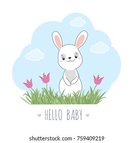 Baby shower invitation card with cute funny rabbit. Vector illustration.