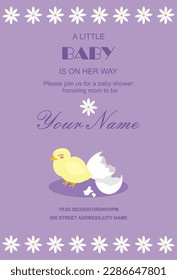 Baby shower invitation card, daisies, text and a small yellow, hatched chick takes its first steps.