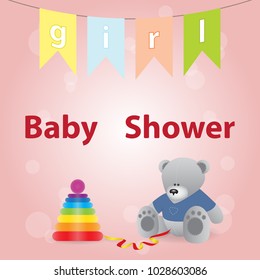 Baby Shower Invitation card design with toy bear,stacking rings and the border of flags.Pink white gentle tones,background and glow bokeh.Colorful flags green,blue.The arrival, the birth of a girl