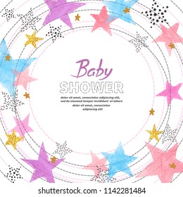 Baby Shower Invitation Card Design With Watercolor Colorful Stars.