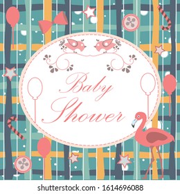 Baby Shower Invitation Card Design with flamingo, festive balloons, candy, bow, buttons, etc. Baby Shower Collection. Vector Illustration