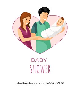 Baby shower invitation card design. Parents in heart shaped pink frame and a baby in tender embrace vector flat illustration. Mother, father and child, parenting, love, happy parents day card concept.