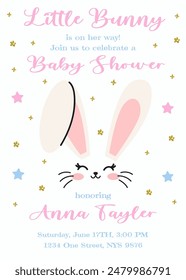 Baby shower invitation card design  with cute bunny ears. Vector illustration with cute white rabbit and stars. Invitation for children in pink and blue color. Ready to use and editable template.